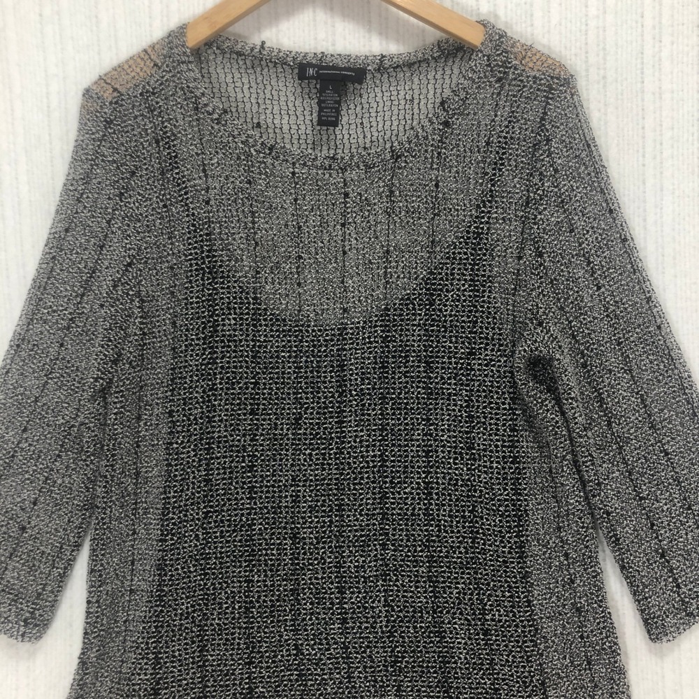 INC International Concepts Knit Top Sparkle Detail 3/4 Sleeve Gray Size‎ L